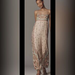 FARM Rio X Anthropologie Bubble Jumpsuit. Cream and Green